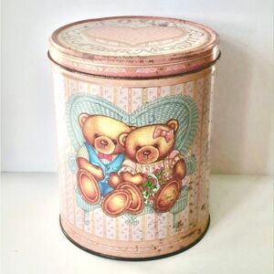 Vintage Teddy Heart Pink Steel Canister w Lid LOVE IS A BEAR NECESSITY Tin 7.5"